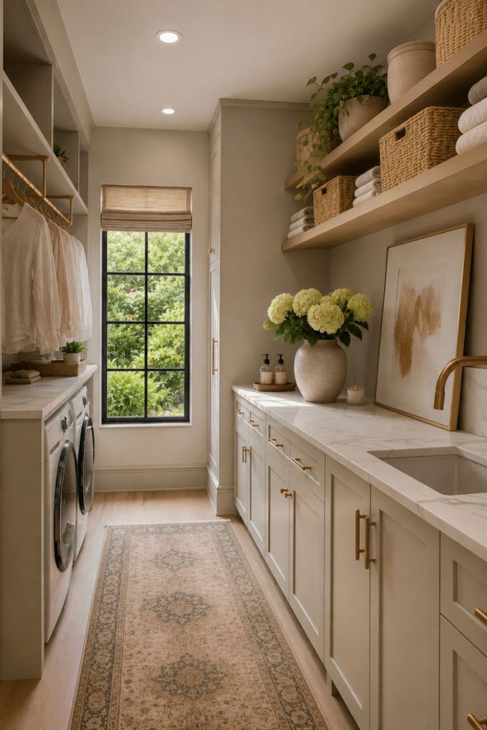 Luxury utility room with hidden storage, marble countertops, open shelving, brass hardware, vintage runner, and boutique hotel-inspired styling.