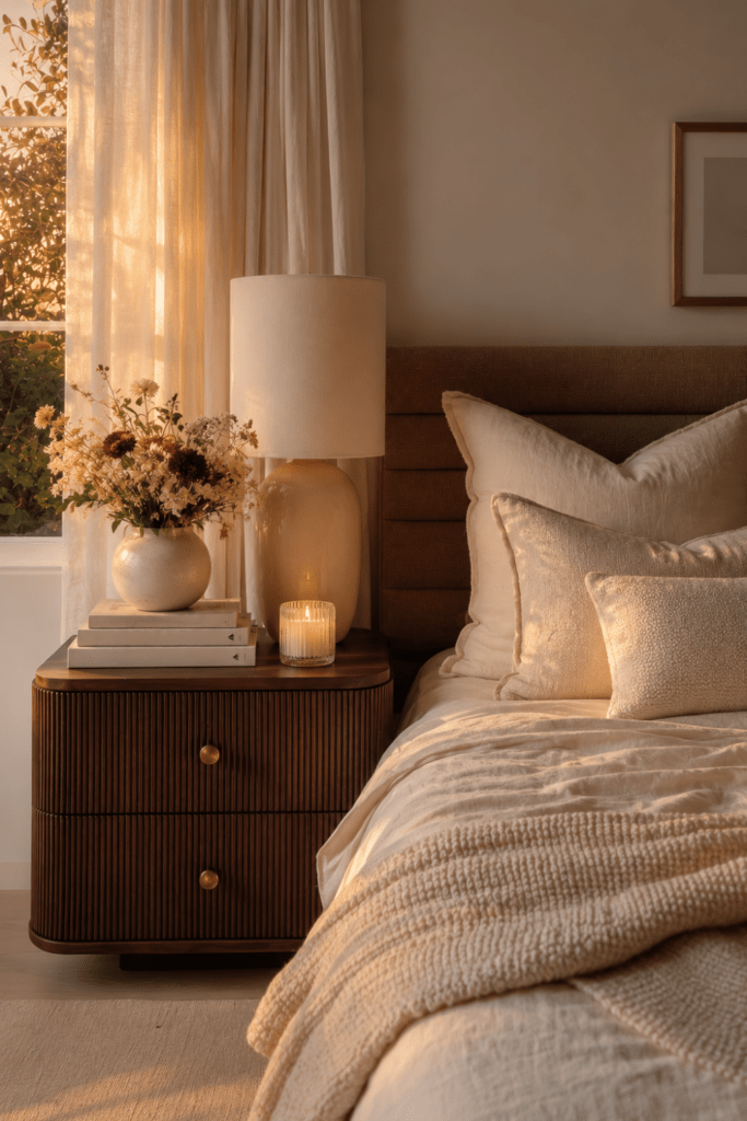 Organic Modern bedroom with layered neutral bedding, fluted walnut nightstand, brass hardware, wildflowers, candlelight, and soft evening light.