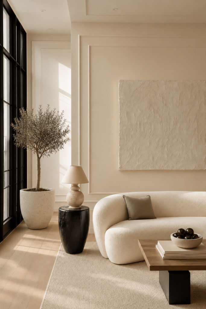Organic Modern living room with a curved ivory sofa, layered natural textures, repeated wood tones, sculptural lighting, and balanced focal points demonstrating visual rhythm.