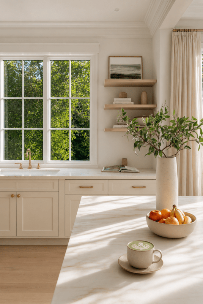 Organic Modern kitchen with creamy cabinetry, marble island, brass faucet, floating shelves, fresh fruit, and a matcha latte in warm morning sunlight.