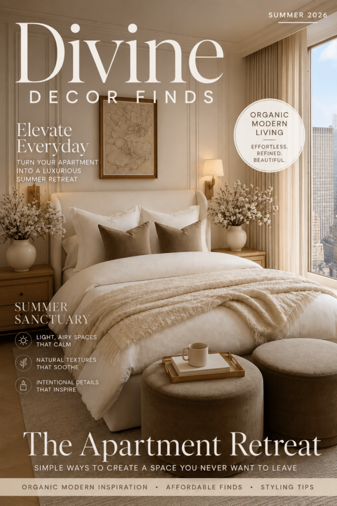 Magazine-style cover featuring a luxury Organic Modern apartment bedroom with boutique hotel design inspiration and neutral decor.