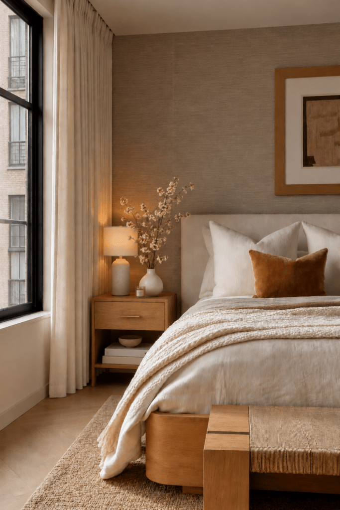 Organic Modern bedroom featuring white oak furniture, textured bedding, cherry blossom branches, and cohesive warm neutral styling.