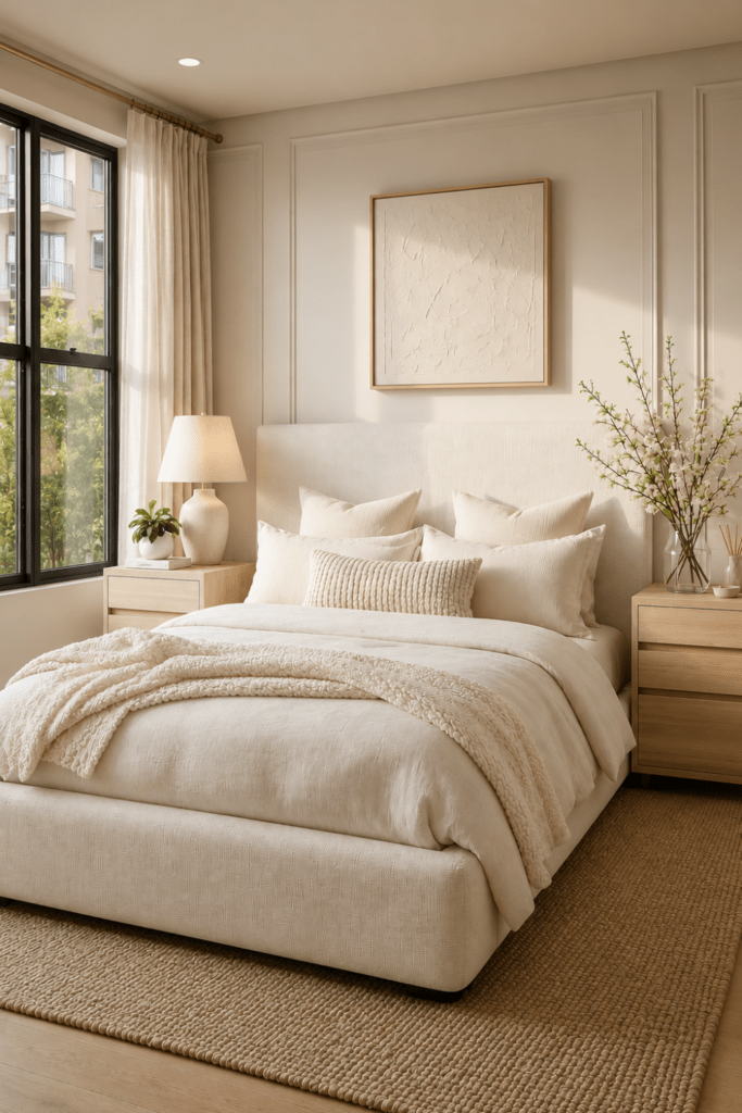 Organic Modern apartment bedroom featuring a warm upholstered bed, layered neutral bedding, wood panel accent wall, and boutique hotel-inspired styling.