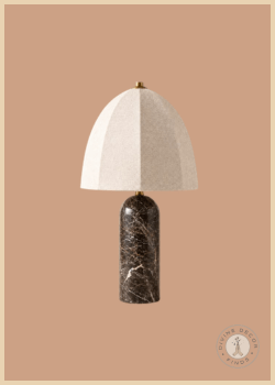 McCormack Table Lamp featuring a natural stone base with dramatic veining, a linen dome shade, and warm brass accents, styled against a warm neutral background.
