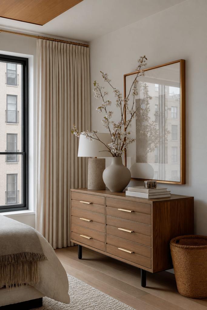 Organic Modern bedroom dresser with minimalist styling, cherry blossom branches, brass hardware, woven storage basket, and uncluttered luxury decor.