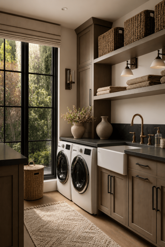 Moody Organic Modern laundry room with warm taupe cabinetry, dark stone countertops, brass fixtures, open shelving, and soft ambient lighting.