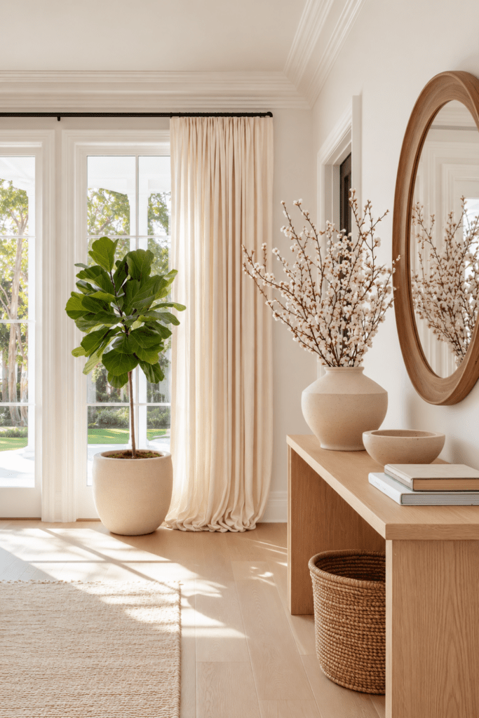 Organic Modern entryway with a wood console table, rounded mirror, fiddle leaf fig, linen curtains, and soft natural light creating a welcoming first impression.