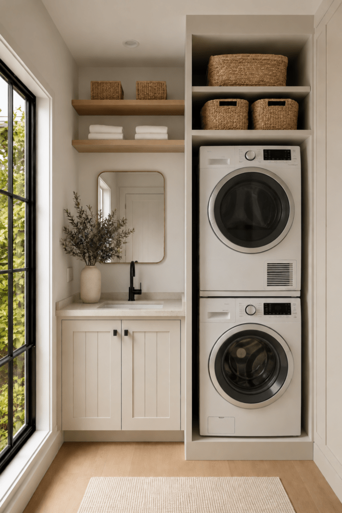 Small Organic Modern laundry room with stacked washer and dryer, floating wood shelves, built-in storage, large mirror, and minimalist styling.