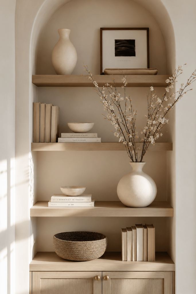Organic Modern built-in shelves styled with pottery, books, artwork, and flowering branches arranged with intentional spacing and visual breathing room.