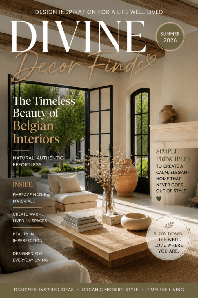 Magazine cover featuring Belgian interior design inspiration with a serene Organic Modern living room and timeless decorating ideas from Divine Decor Finds.