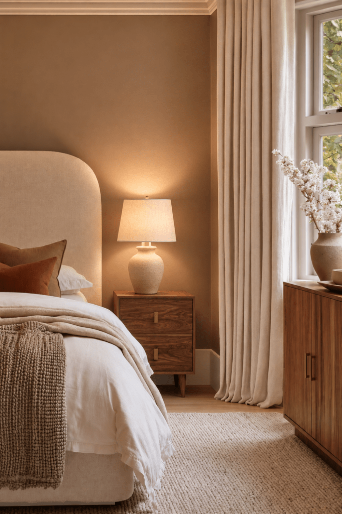 Cozy bedroom retreat with warm taupe walls, curved ivory headboard, walnut nightstand, layered neutral bedding, linen drapery, and warm bedside lighting.