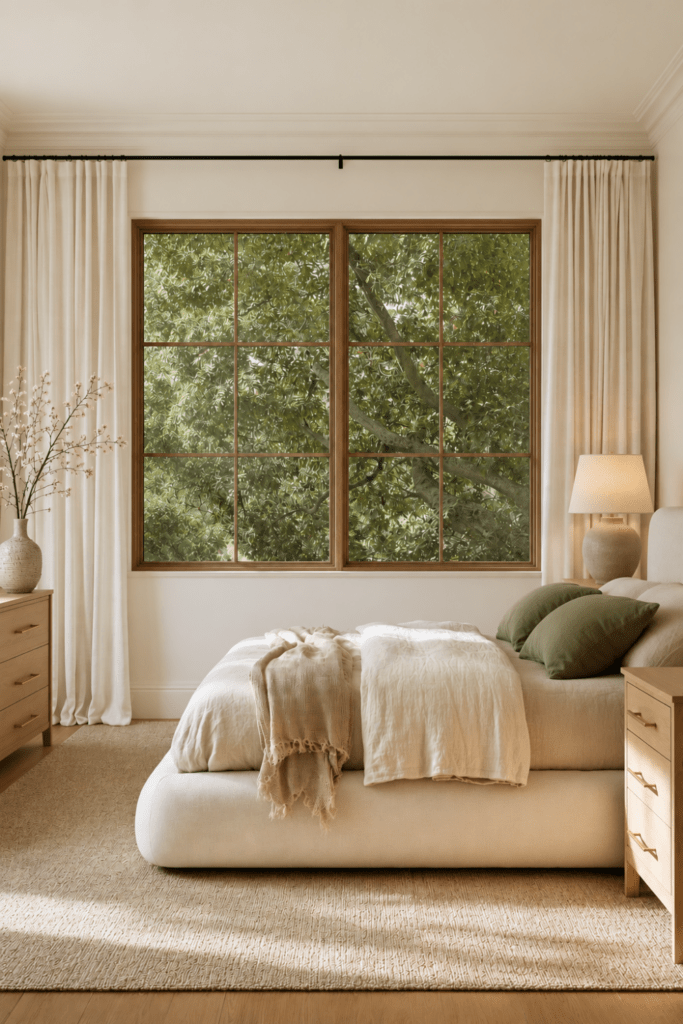 Nature-inspired bedroom with a large wood-framed window overlooking mature trees, ivory bedding, sage accent pillows, light wood furniture, and natural textures.