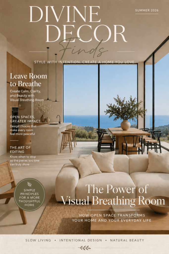 Magazine-style cover featuring an Organic Modern living room and the article "The Power of Visual Breathing Room: Why Every Home Needs It" by Divine Decor Finds.