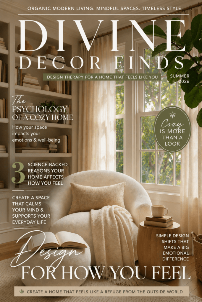 Magazine-style cover for Divine Decor Finds featuring The Psychology of a Cozy Home with an Organic Modern reading nook and Summer 2026 editorial design.