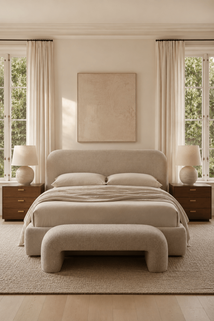 Quiet luxury bedroom with a tailored upholstered bed, walnut nightstands, ivory bedding, sculptural bench, matching ceramic lamps, and neutral textured artwork.