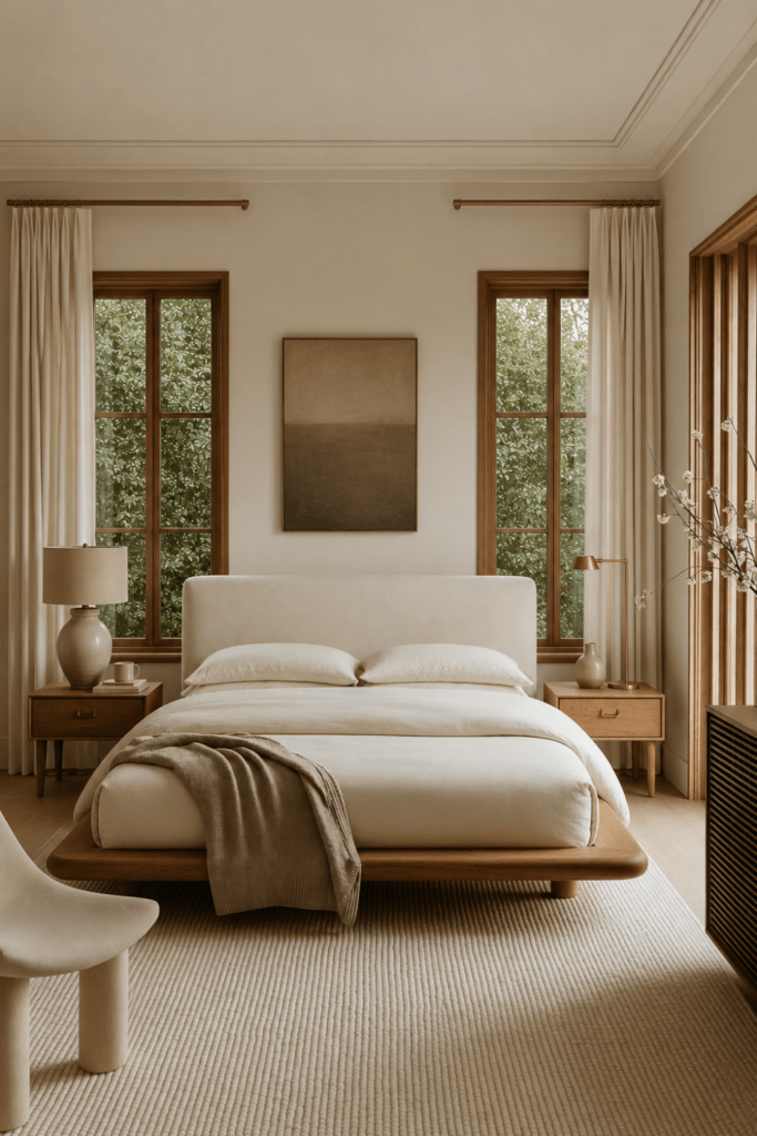 Japandi slow-living bedroom with an ivory upholstered bed, wood-framed windows, natural wood nightstands, neutral bedding, reading chair, and soft knit throw blanket.