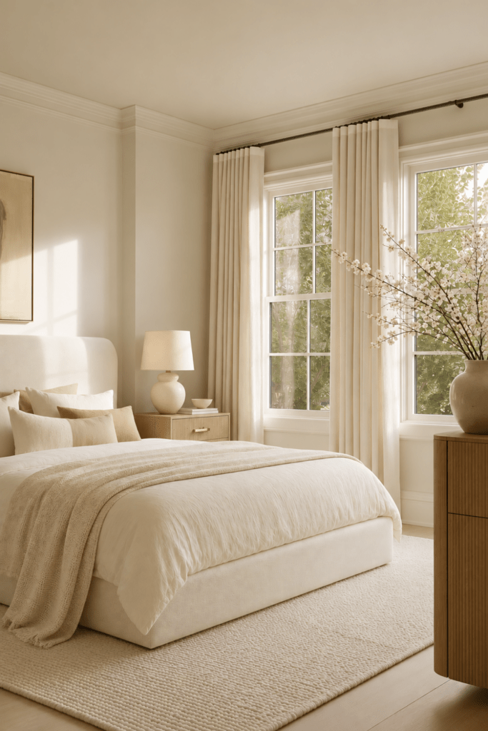 Soft and airy bedroom with warm white walls, ivory upholstered bed, layered neutral bedding, wood furniture, linen curtains, and cherry blossom branches.