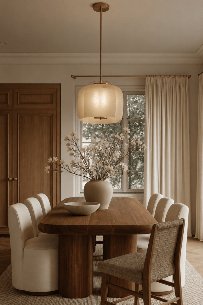 Warm minimalist dining room with rich wood table, cream upholstered chairs, woven accent chair, brass lighting, and white magnolia branches.