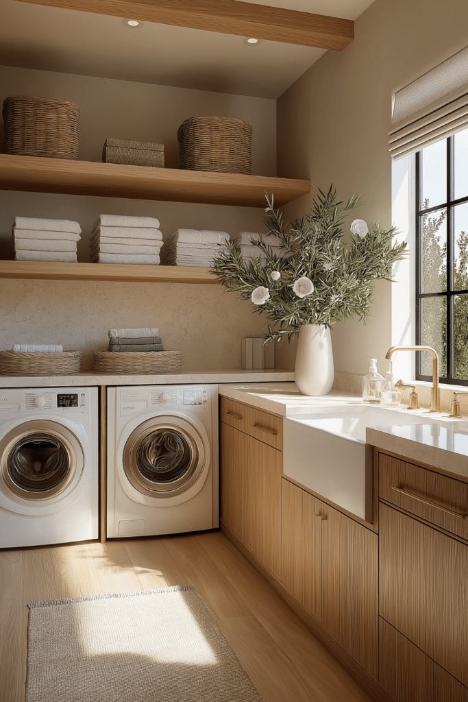 Organic Modern laundry room with white oak cabinetry, natural stone countertops, handmade ceramics, woven baskets, and brass fixtures.