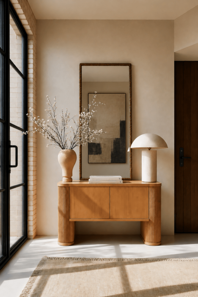 Organic Modern entryway featuring an uncluttered console table, oversized mirror, sculptural vase, minimalist lamp, and generous negative space illustrating visual breathing room.