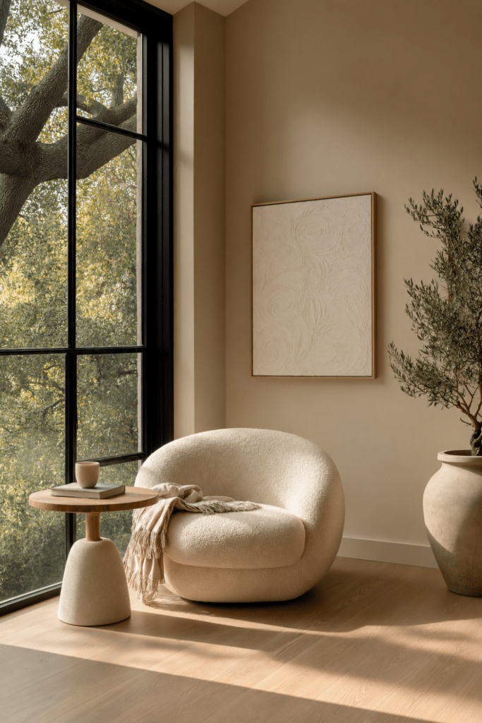 Sunlit Organic Modern reading nook with a curved ivory boucle chair, sculptural side table, textured wall art, olive tree, and generous open floor space.