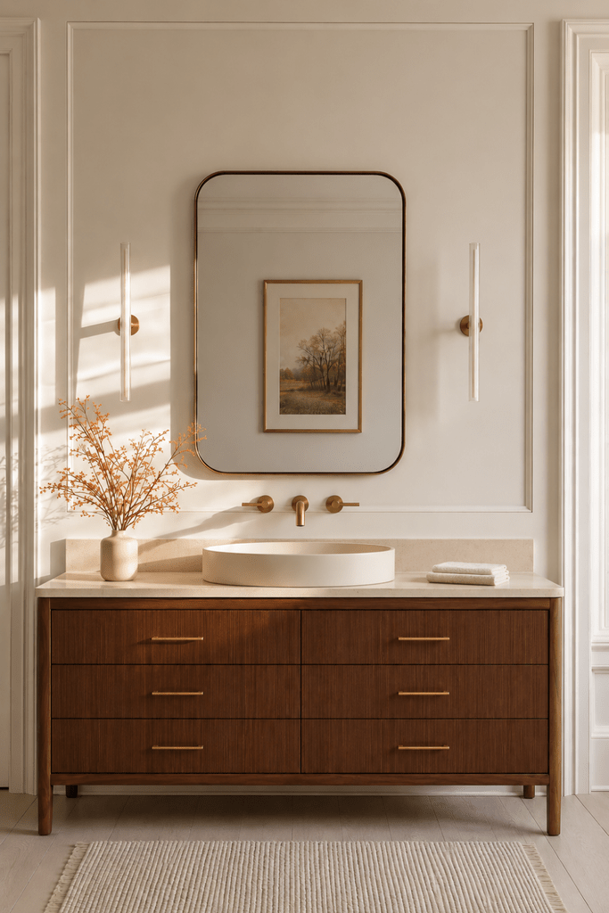 Walnut bathroom vanity with rounded mirror, oval vessel sink, brass fixtures, ivory walls, and autumn branches.