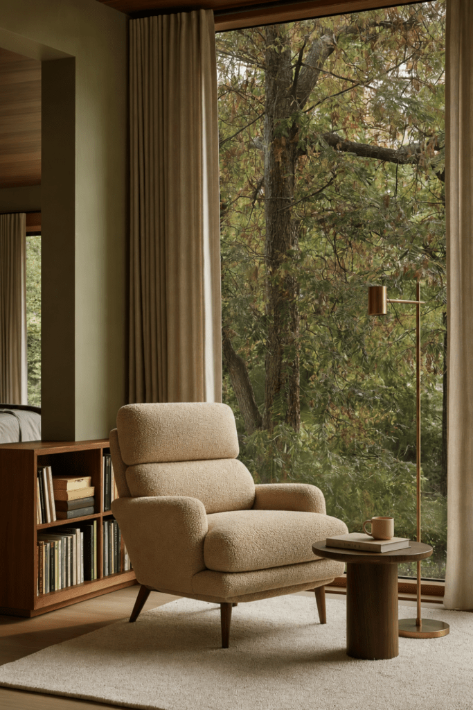 Cozy reading nook with ivory lounge chair, walnut bookcase, brass floor lamp, side table, and large window overlooking trees.