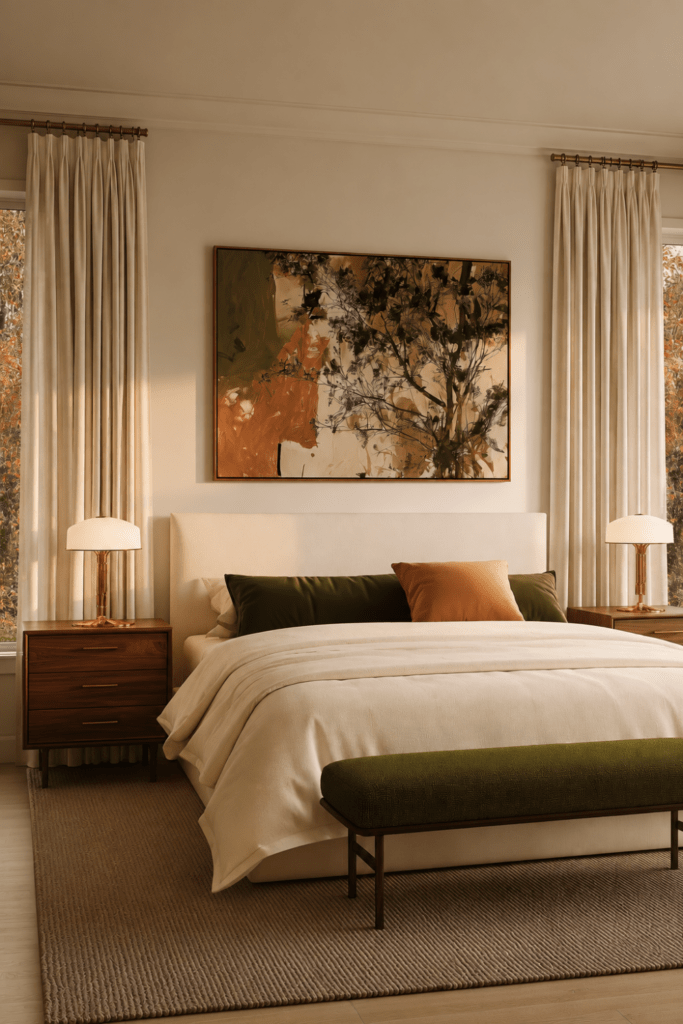 Warm bedroom with olive green bench and pillows, cream bedding, walnut nightstands, brass lamps, and autumn-toned artwork.