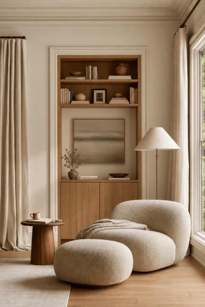 Organic Modern reading nook with built-in oak shelving, bouclé lounge chair, ottoman, linen curtains, and warm neutral styling.