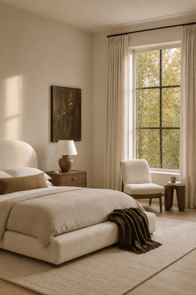 Neutral Organic Modern bedroom with upholstered bed, walnut nightstand, reading chair, wool rug, abstract art, and tree-filled window.