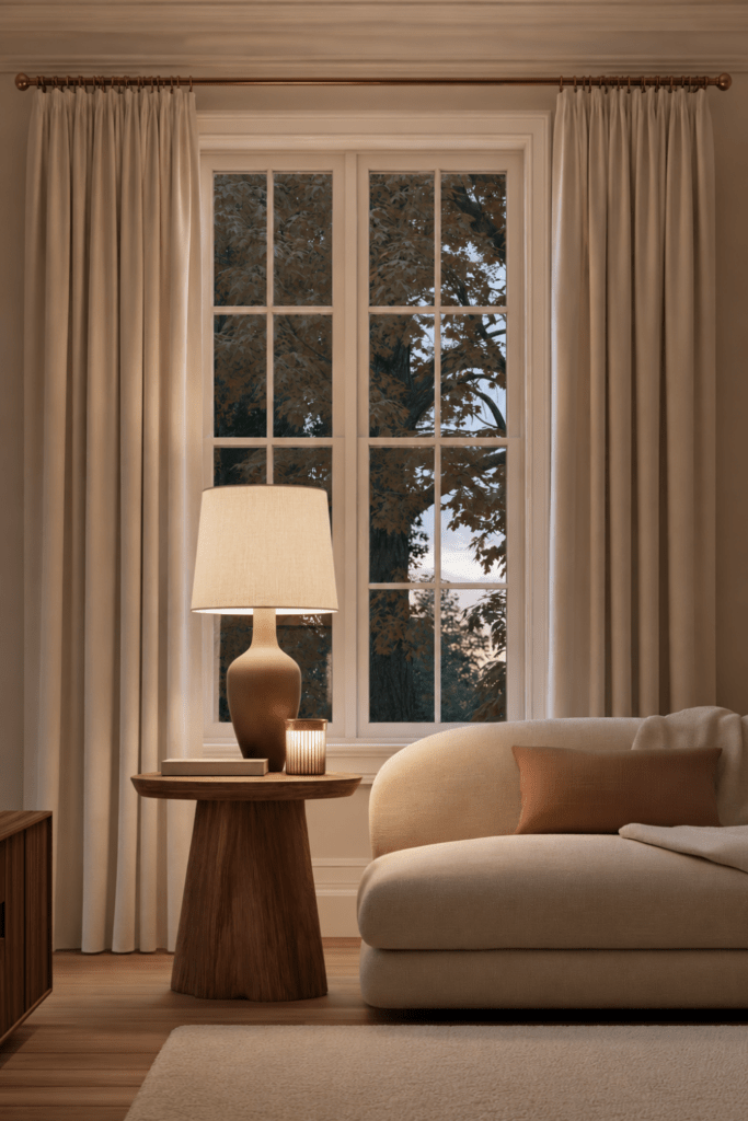 Cozy Organic Modern living room with a glowing table lamp, curved ivory sofa, linen curtains, and autumn foliage outside.