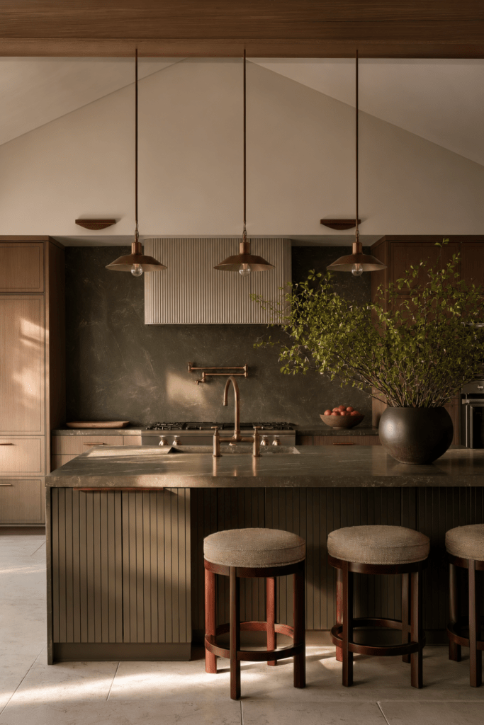 Organic Modern kitchen with olive green island, warm wood cabinetry, brass pendant lights, natural stone, and leafy branches.