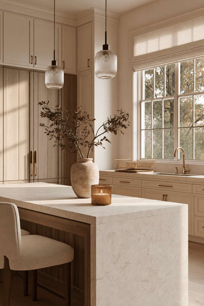Organic Modern kitchen with stone island, ceramic branch vase, amber candle, brass faucet, linen Roman shade, and autumn trees.