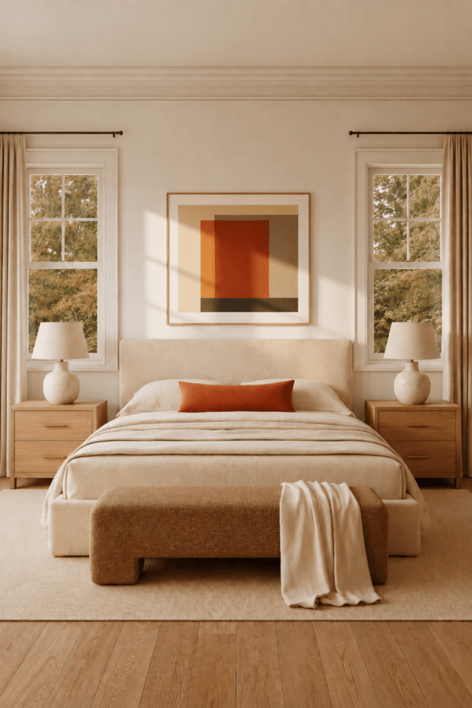 Organic Modern bedroom with a rust lumbar pillow, warm abstract artwork, oak nightstands, and autumn foliage outside.