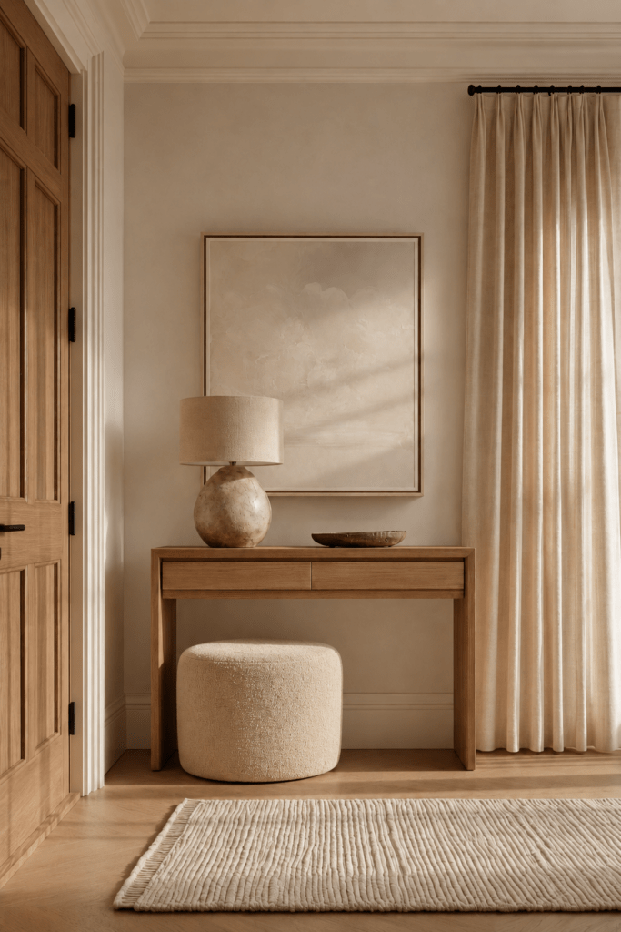 Elevated Organic Modern entryway with an oak console, textured neutral artwork, bouclé ottoman, linen curtains, and warm natural light.
