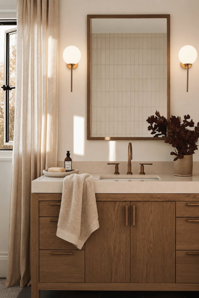 Organic Modern bathroom vanity with warm wood cabinetry, brass sconces, linen curtain, ceramic tray, soft towel, and burgundy foliage.