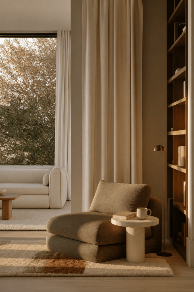 Open living room reading nook with camel lounge chair, travertine side table, walnut bookcase, floor lamp, and area rug.