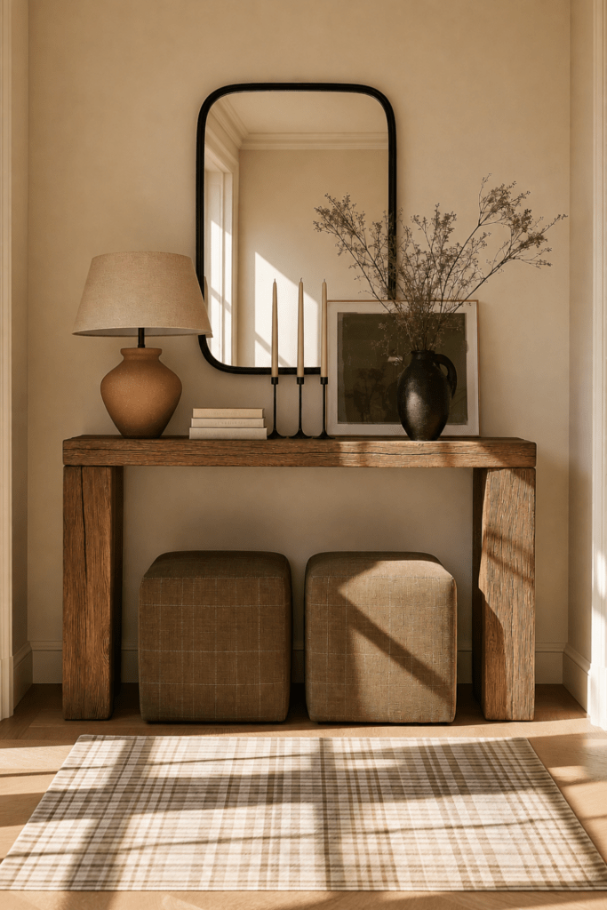 Warm entryway with olive green ottomans, rustic wood console, framed olive artwork, table lamp, mirror, and plaid rug.