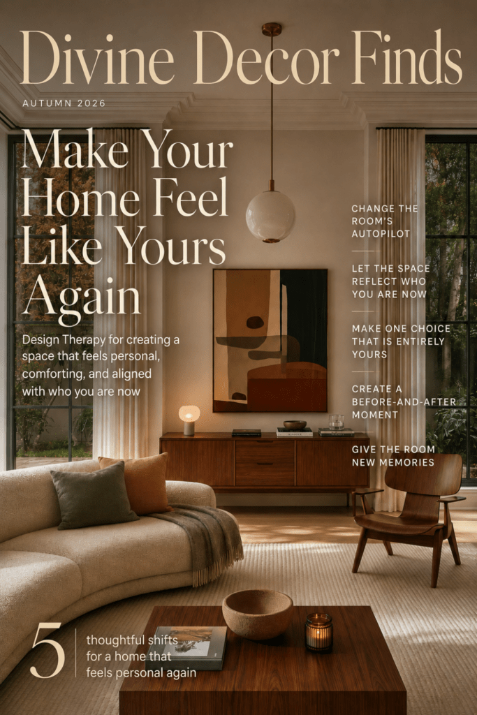 Divine Decor Finds Autumn 2026 magazine cover featuring an Organic Modern living room and Design Therapy tips for making your home feel like yours again.