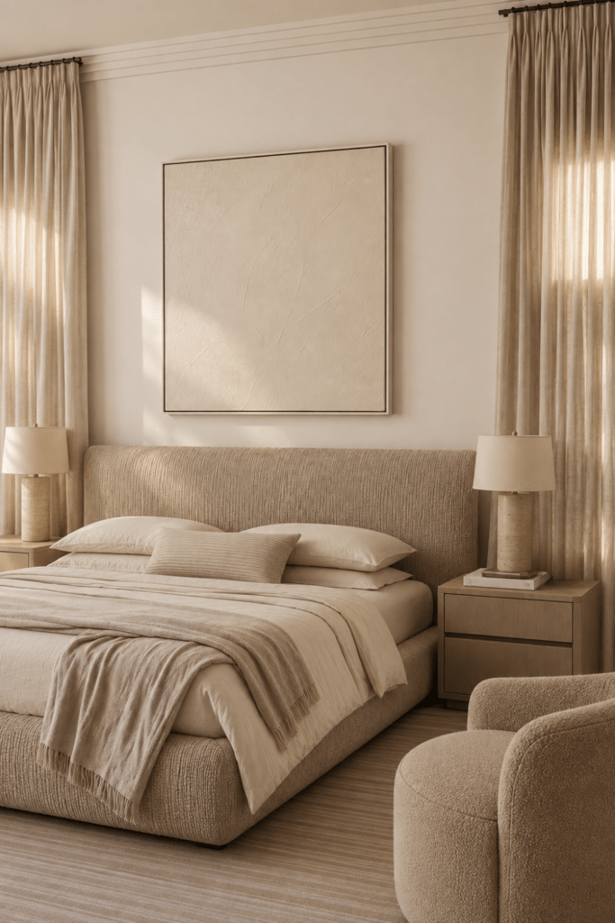 Serene neutral bedroom with an upholstered bed, textured ivory artwork, matching table lamps, linen curtains, and layered bedding.