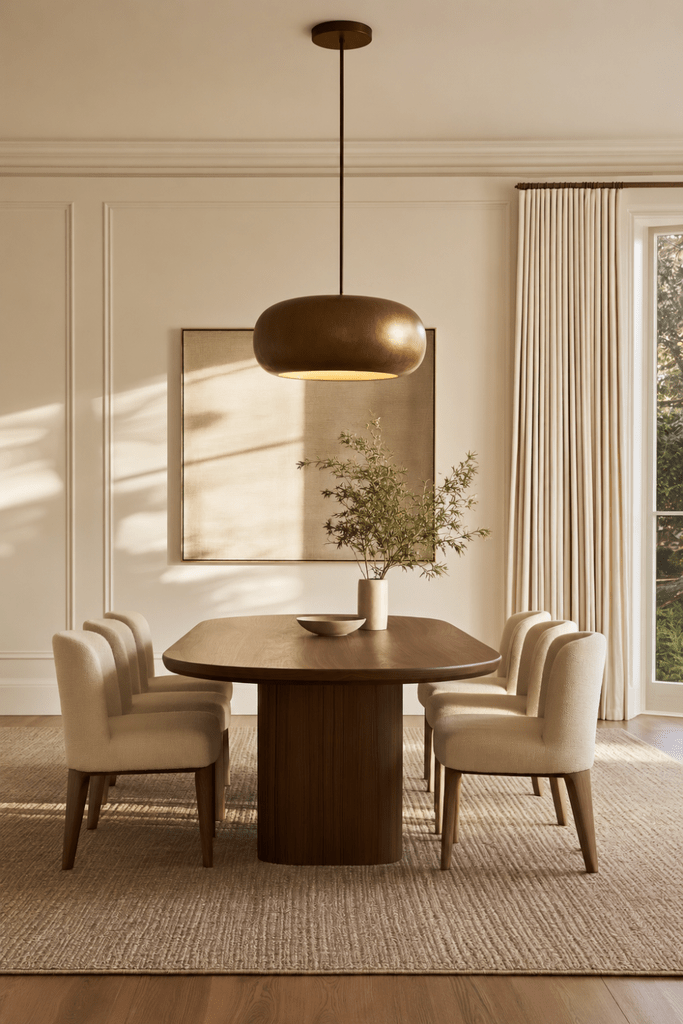 Organic Modern dining room with walnut table, upholstered chairs, brass pendant light, large rug, artwork, and greenery.