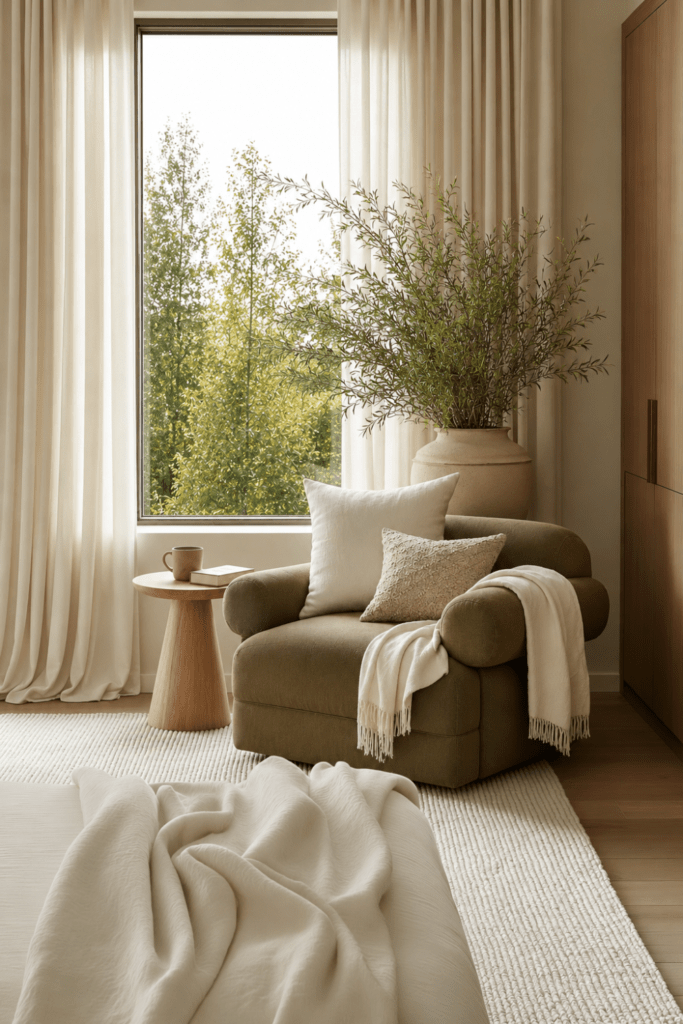 Bedroom reading nook with olive green armchair, ivory pillows, light wood side table, linen curtains, and leafy branches.