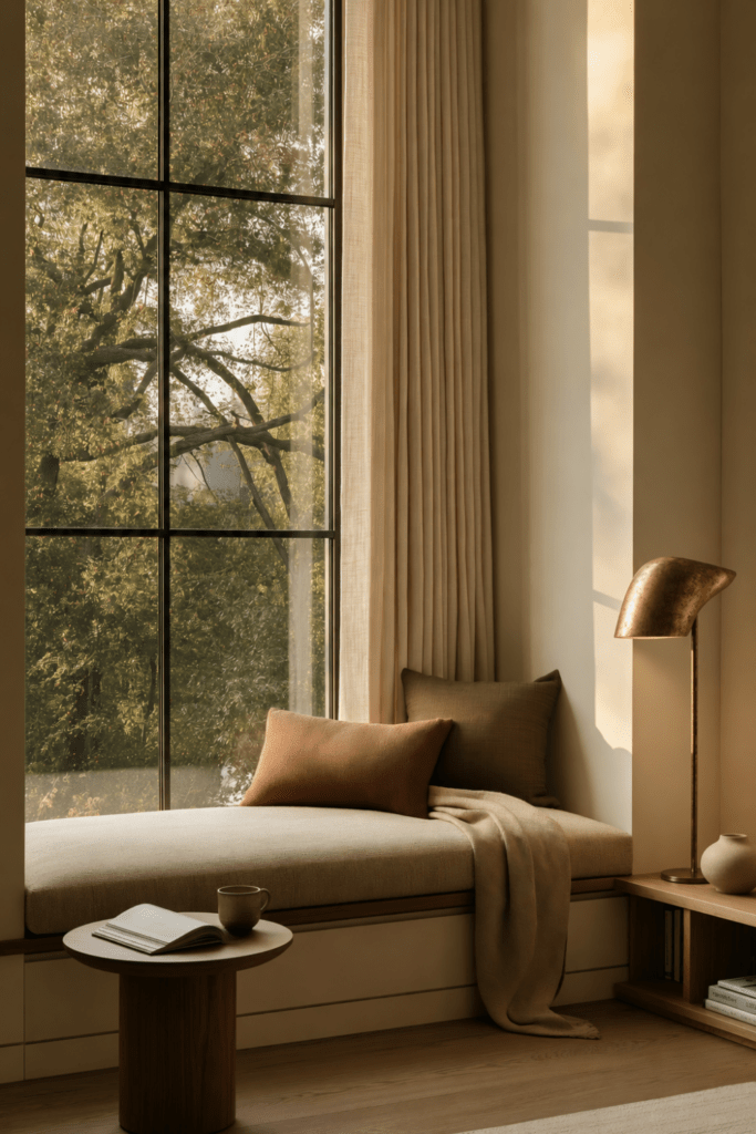 Cozy Organic Modern window seat with layered pillows, soft throw blanket, walnut side table, open book, ceramic mug, and brass lamp.