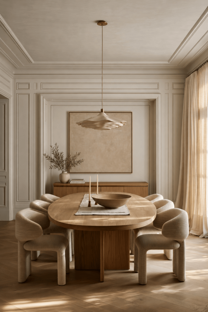 Organic Modern dining room with an oval oak table, upholstered chairs, sculptural pendant light, neutral artwork, and linen curtains.