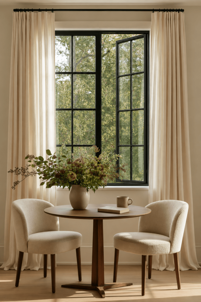 Sunlit breakfast nook with open black-framed window, ivory curtains, walnut table, boucle dining chairs, florals, book, and ceramic mug.