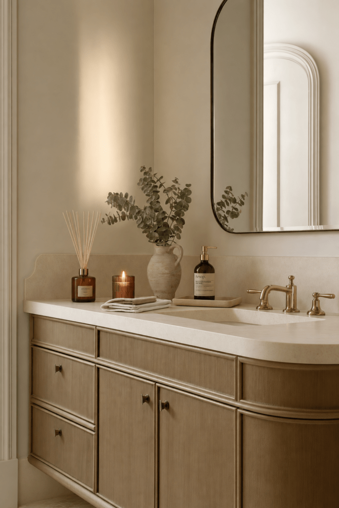 Warm bathroom vanity with brass faucet, amber reed diffuser, lit candle, eucalyptus, hand soap, and stone countertop.