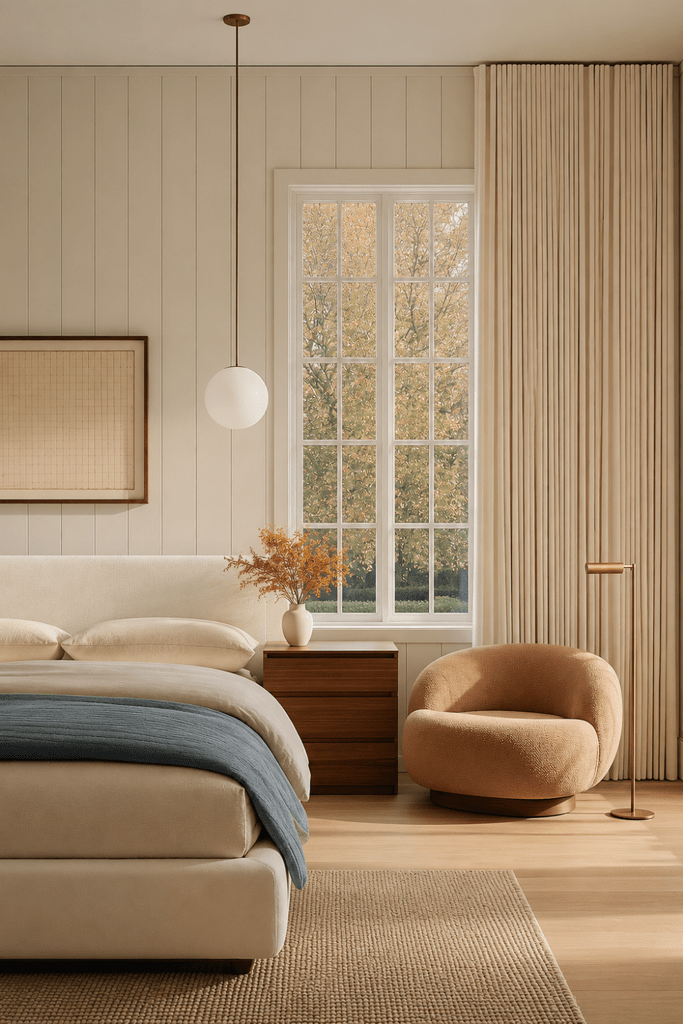 Neutral bedroom with curved camel boucle chair, ivory bed, walnut nightstand, brass lamp, and autumn foliage.
