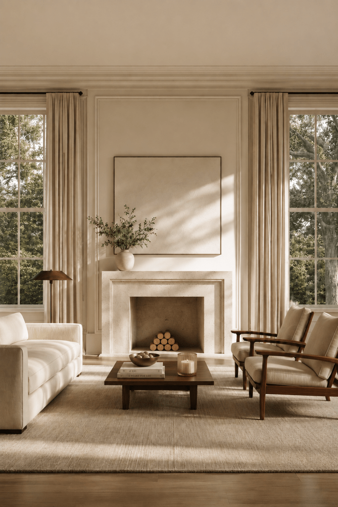 Symmetrical living room with limestone fireplace, ivory artwork, cream sofa, walnut chairs, coffee table, and tall windows.
