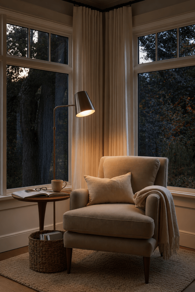 Dusk reading nook with upholstered armchair, brass floor lamp, open book, ceramic mug, woven basket, and corner windows.