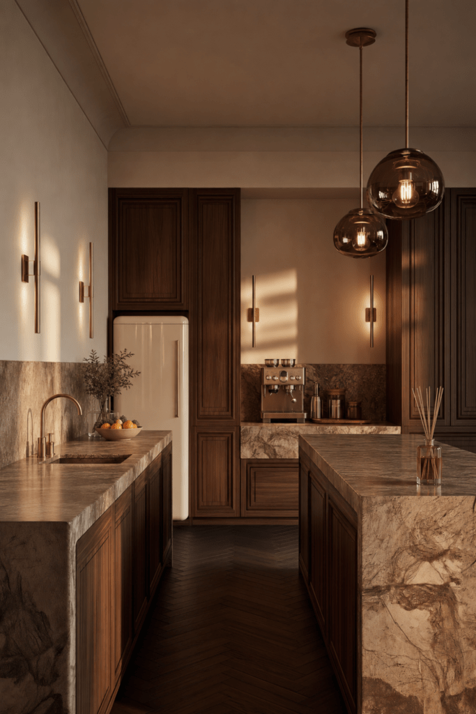 Moody walnut kitchen with marble countertops, brass lighting, amber reed diffuser, espresso station, citrus bowl, and greenery.